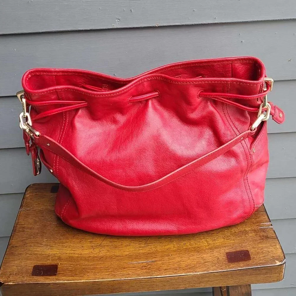 Cole Haan Red Leather Large Side Pull Drawstring Hobo Bag NWOT!